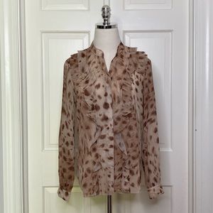 L’AGENCE Nadine Ruffle Shoulder Blouse Long Sleeve Animal Print Sheer XS NWT